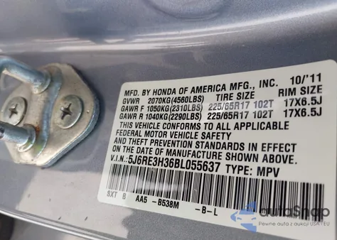 2011 Honda Cr-V Lx from USA, damaged, VIN 5J6RE3H36BL055637